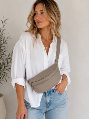 GENICCI Goat Leather Crossbody Sling Belt Bag Beige Soft Leather Silver Hardware